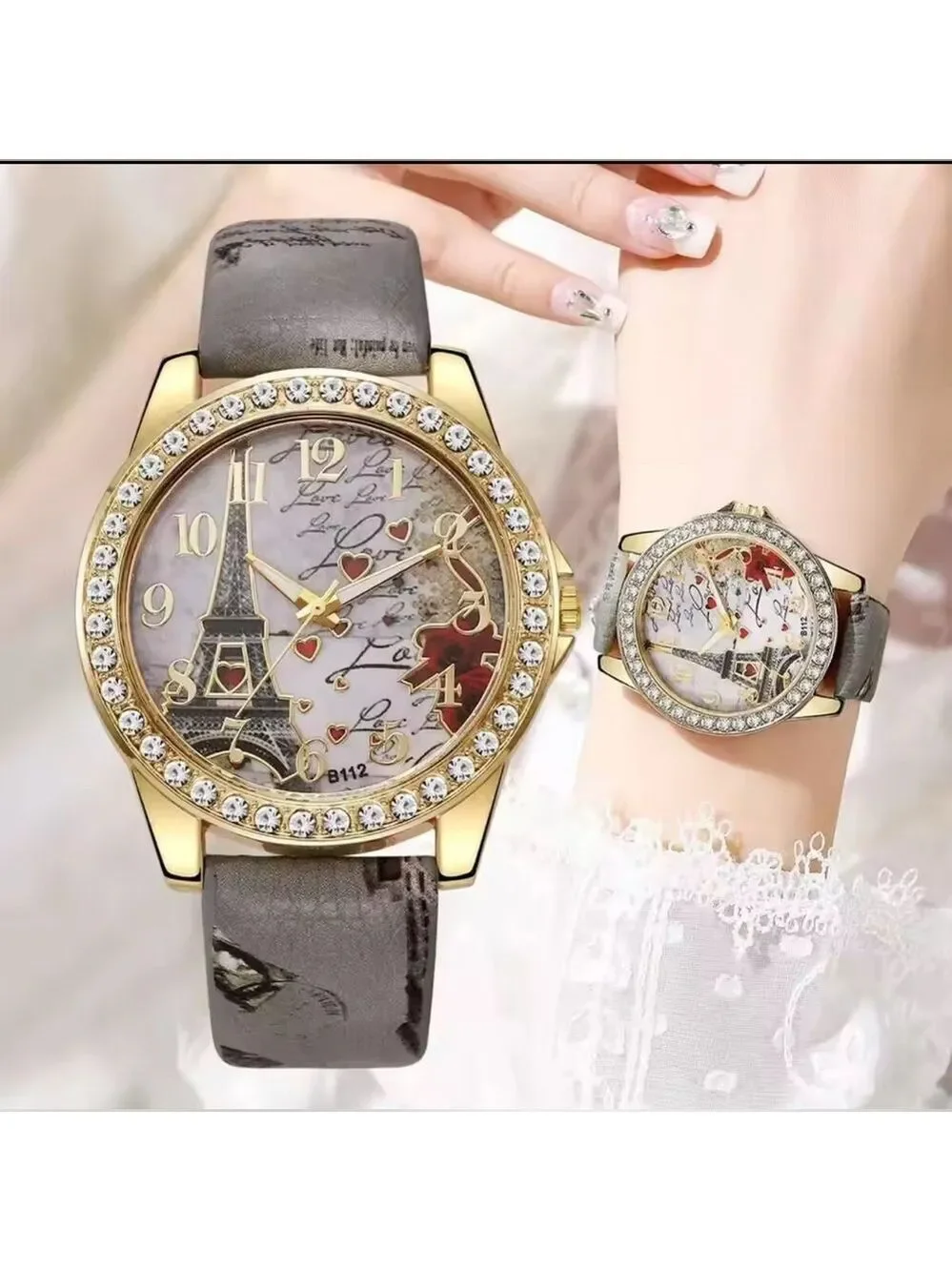 Elegant High Fashion Women’s Quartz Gold and Gray Eiffel Tower Love Watch Grey